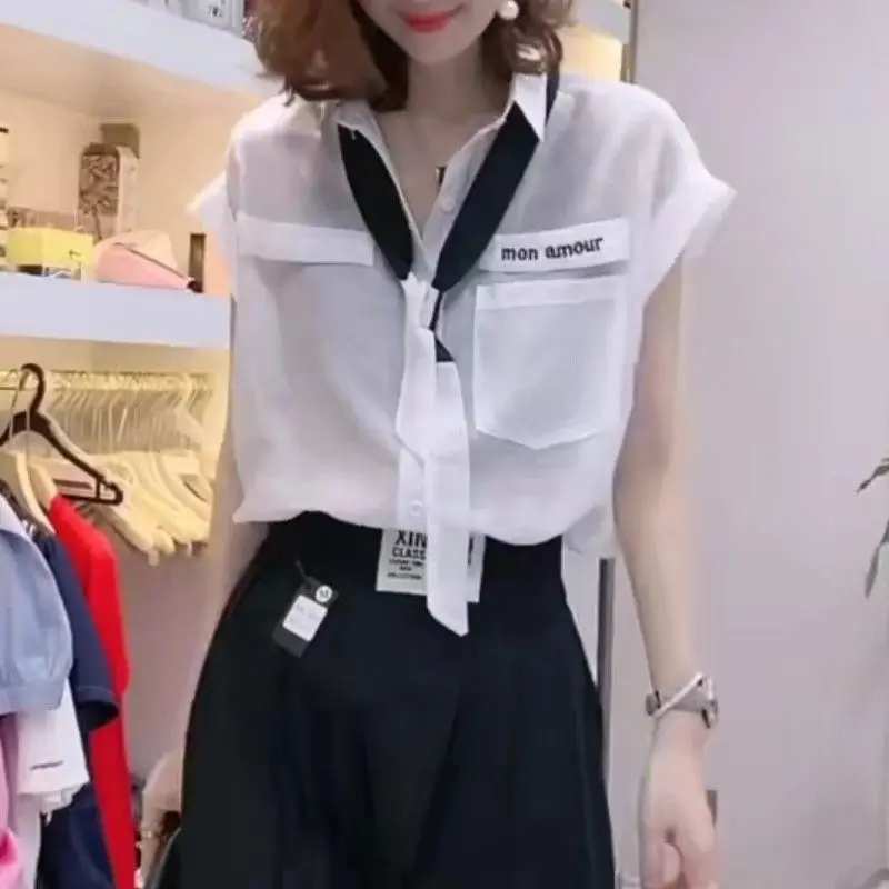 Office Lady Turn-down Collar Summer Shirt Stylish Pockets Patchwork Female Clothing Elegant Drawstring Solid Color Loose Blouse