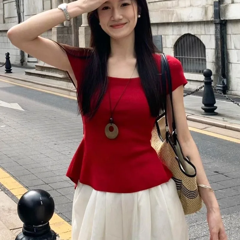 할로우 스퀘어 칼라 반팔 백 스트랩 탑 한국 인기 의류 Y2k Ropa De Mujer 그래픽 T 셔츠 여성 의류