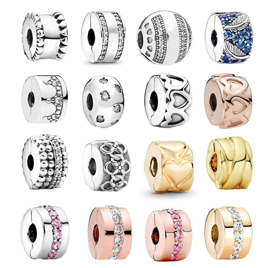 Hot Sale Clips Pavé Curved Feather & Sparkling Row Clip Charm Bead Fit Original 925 Sterling Silver Pan Bracelet DIY Jewelry