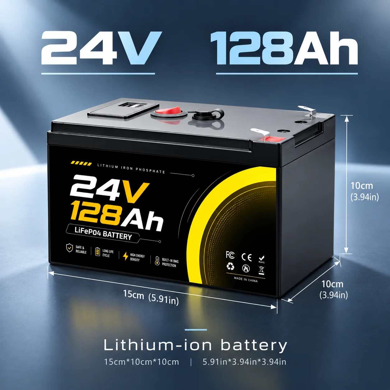 24V lithium-ion battery 128Ah built-in BMS 6000+cycle power supply for off grid appliances UPS LED lighting rechargeable battery