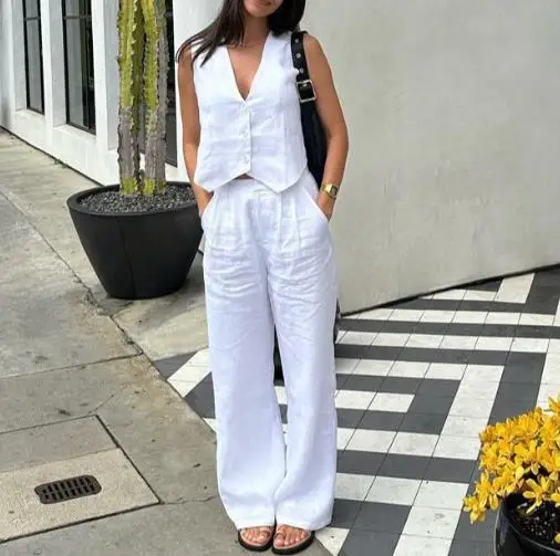 

Urban Pant Sets Solid Color V-Neck Button Sleeveless Vest Top High Waist Wide Leg Pants Set for Woman Cotton and Linen Pants Set