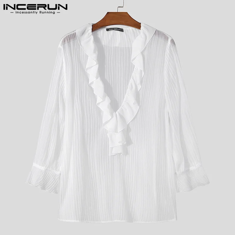 2024 INCERUN Korean Style Fashion Shirts Casual Simple V-neck Tops Men Flare sleeve Elegant Stripe Tees Loose Streetwear Male