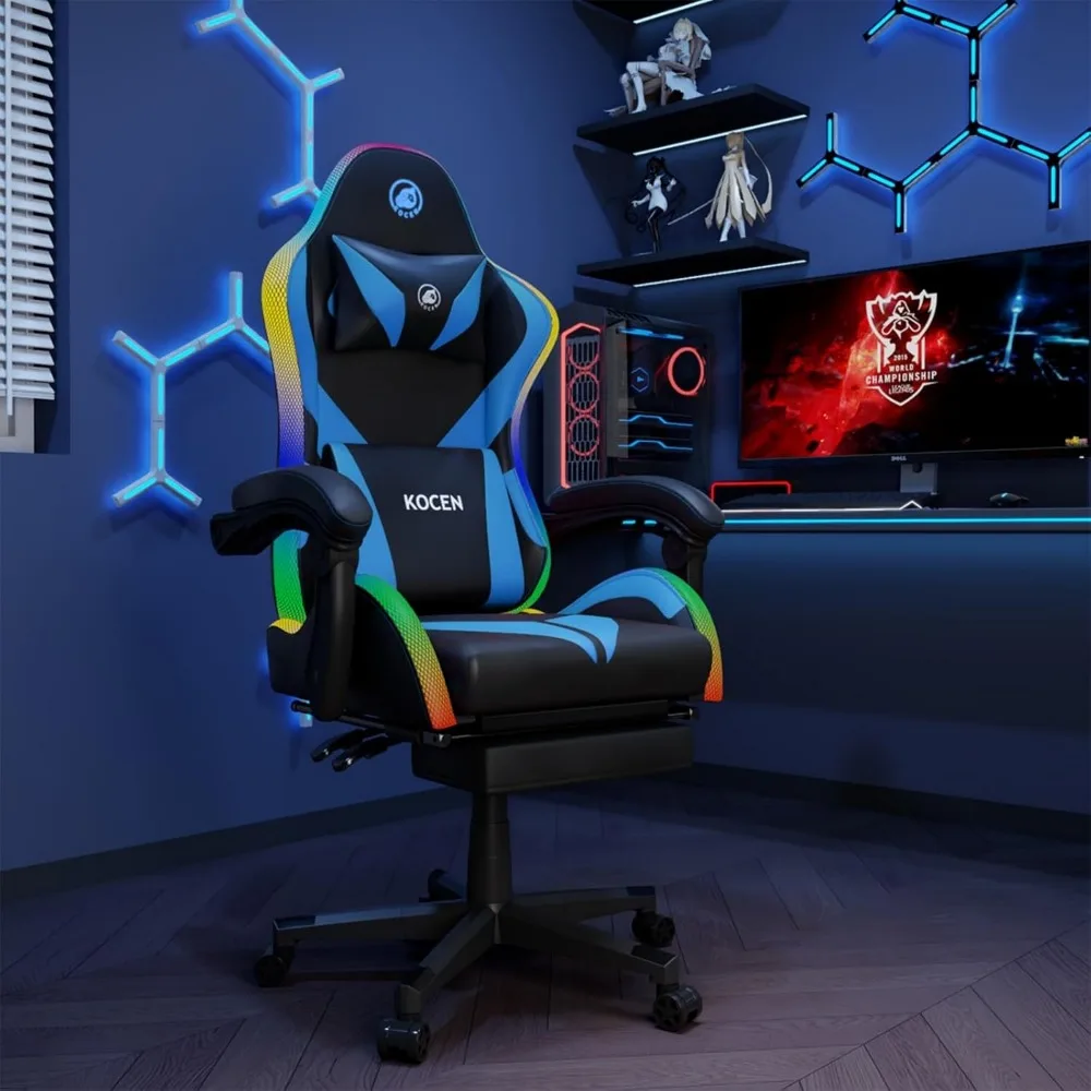 

Game chair, suitable for all ages, lumbar support, LED lights, high backrest computer chair with headrests (black+blue)