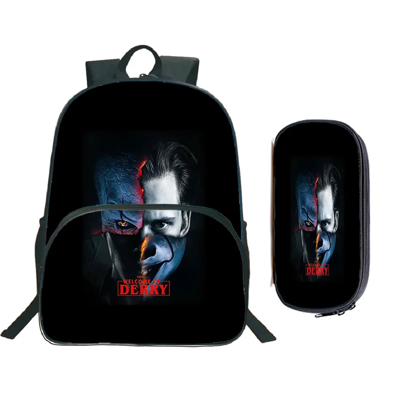 

Добро пожаловать в дерри, забавный фильм, рюкзаки на заказ, детский рюкзак с 3D принтом, сумка для ручек, 2 шт., детская повседневная школьная сумка для мальчиков и девочек, сумка на молнии Mochila