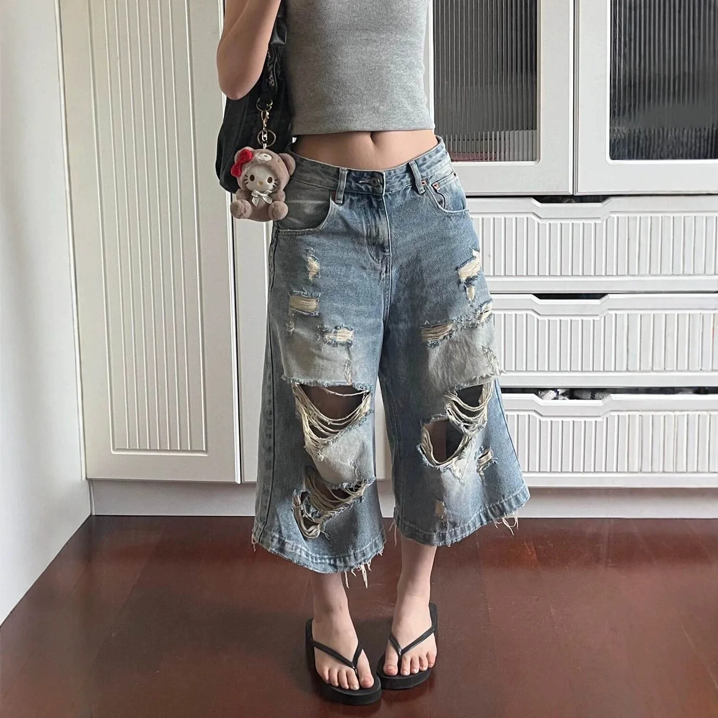 Summer Loose Wide Leg Straight High Street Retro Ripped Denim Cropped Pants Women Baggy Jeans