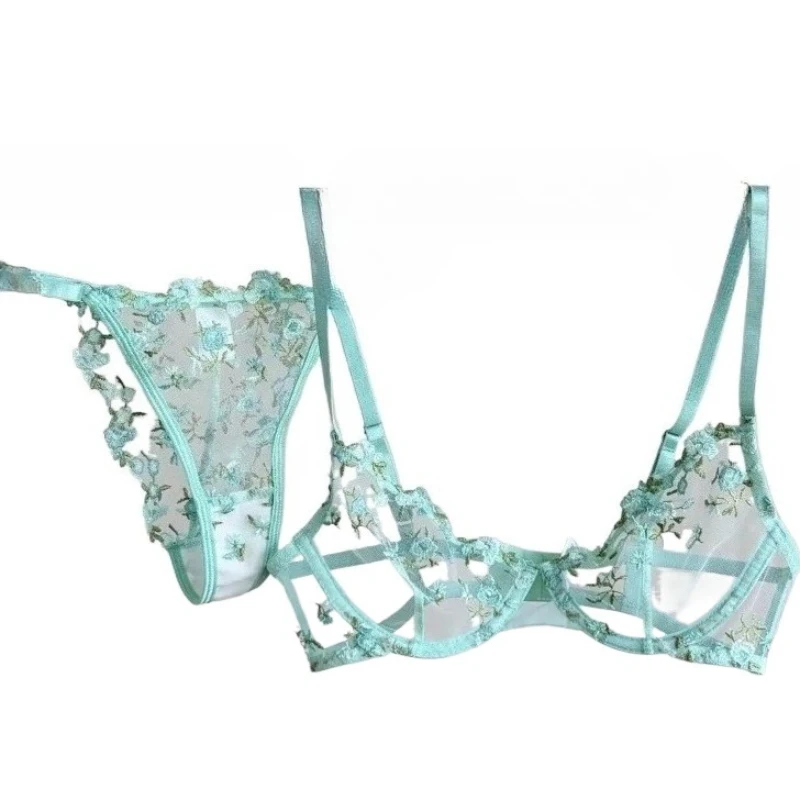 Französisches Blumen-Spitzen-BH-Set, Push-Up-Bügel, große Büste, durchsichtiges Netz, durchsichtig, sexy BH, Stickerei, Demi-Cup-Dessous-Set MOYISU