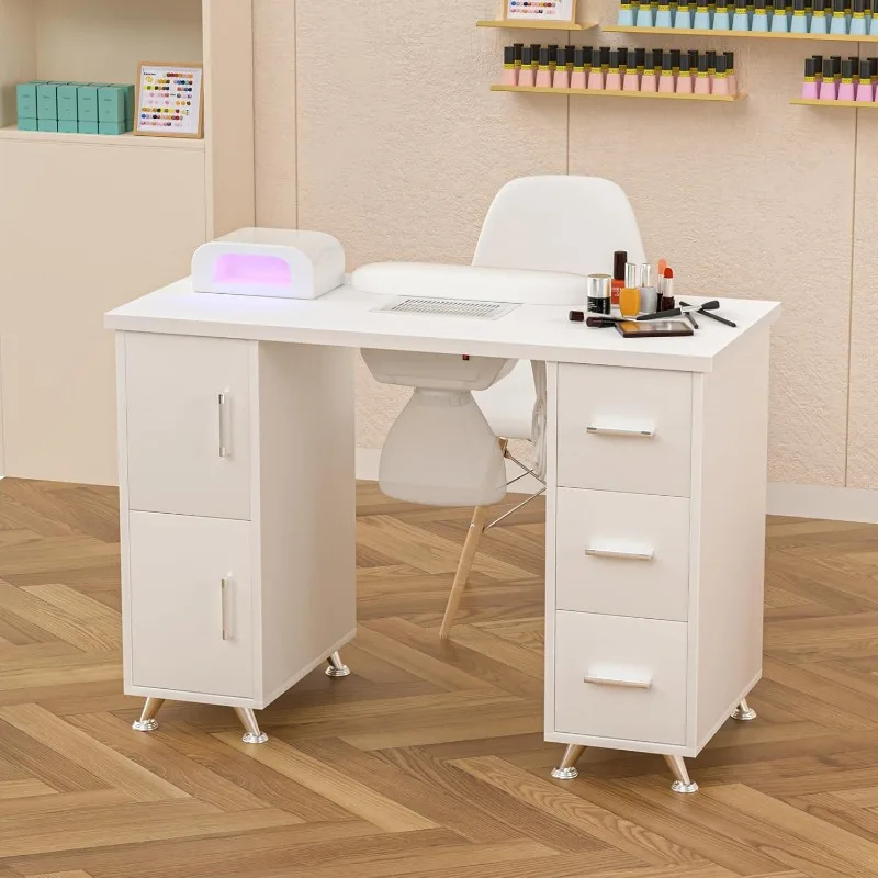 Manicure Table Nail Desk Station with Golden Handles Nail Tech Desk Acetone Resistant Table for Tech