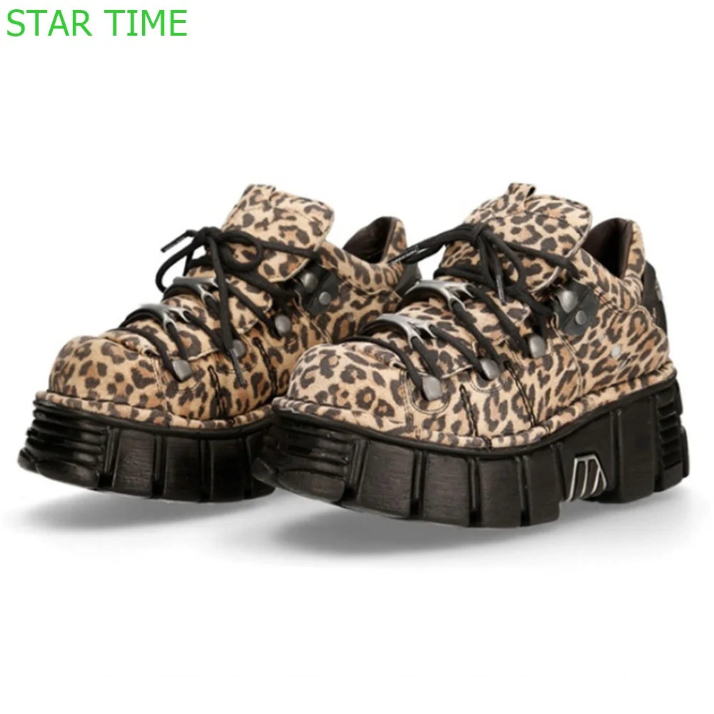 Platform Leopard Print Lace Up Shoes 2024 New Casual Punk Round Toe Fashion Women 35-45 Short Boot