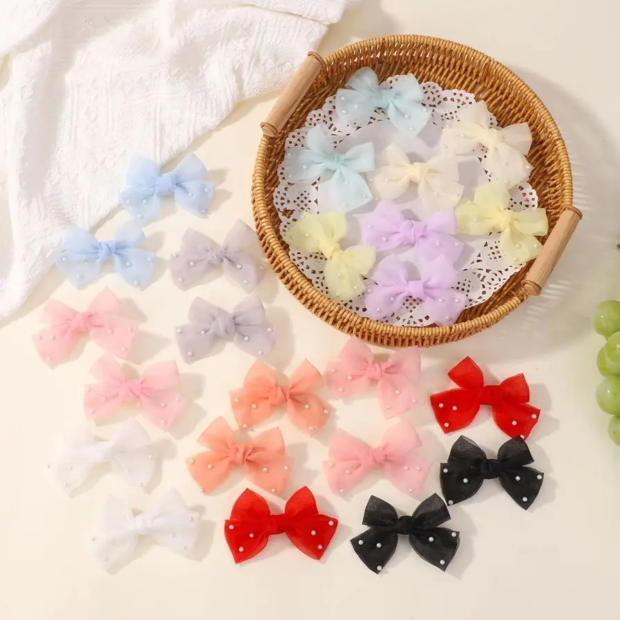 

10Pcs random color yarns hair bows hair clip for girls boutique hair accessories princess cheer bows pearl barrette headdress