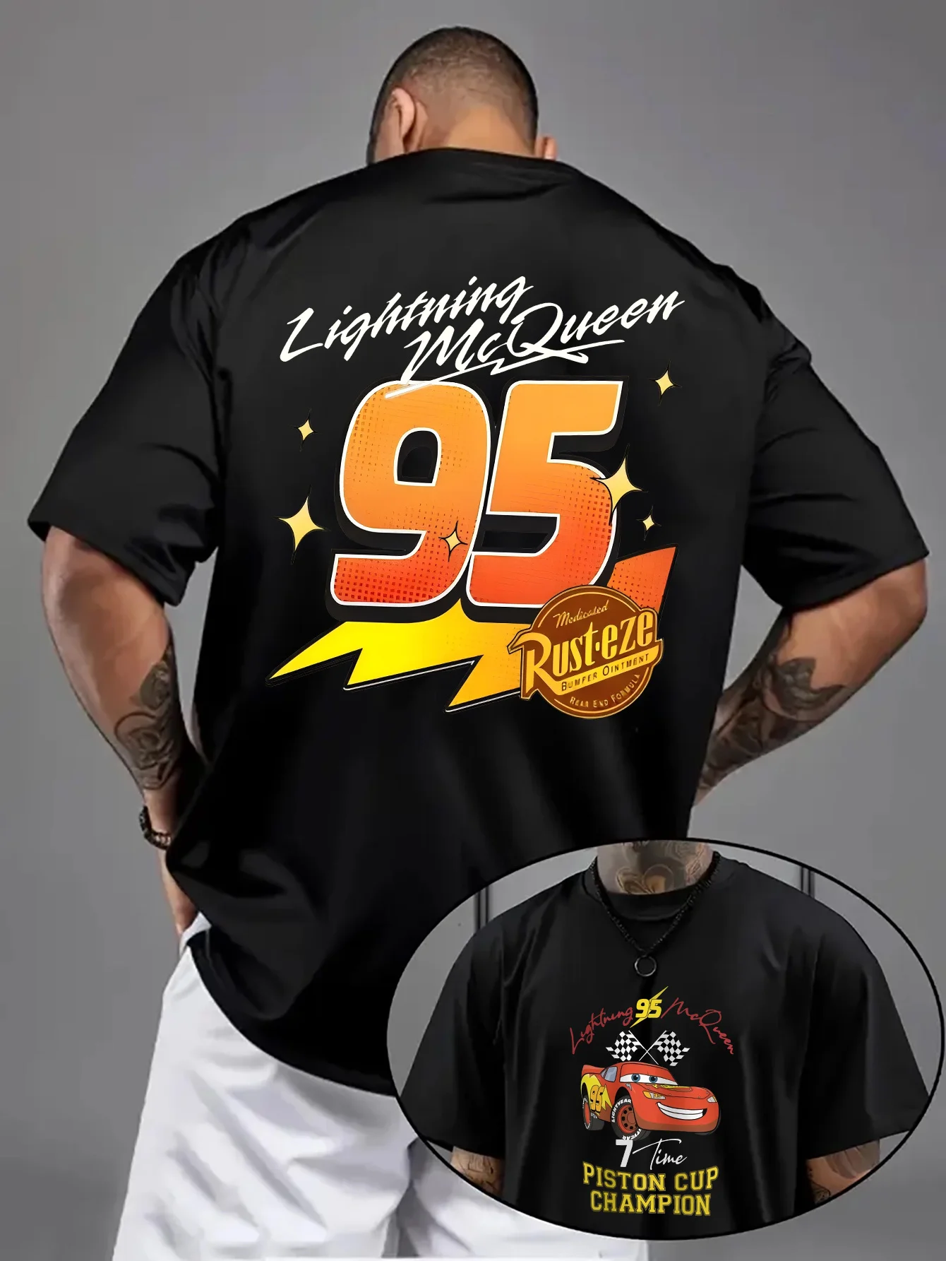 

Car Lightning McQueen Printed Men's T-shirt Casual Loose T-shirt Cotton Short Sleeve Street Clothing Men's and Women's Y2K Top