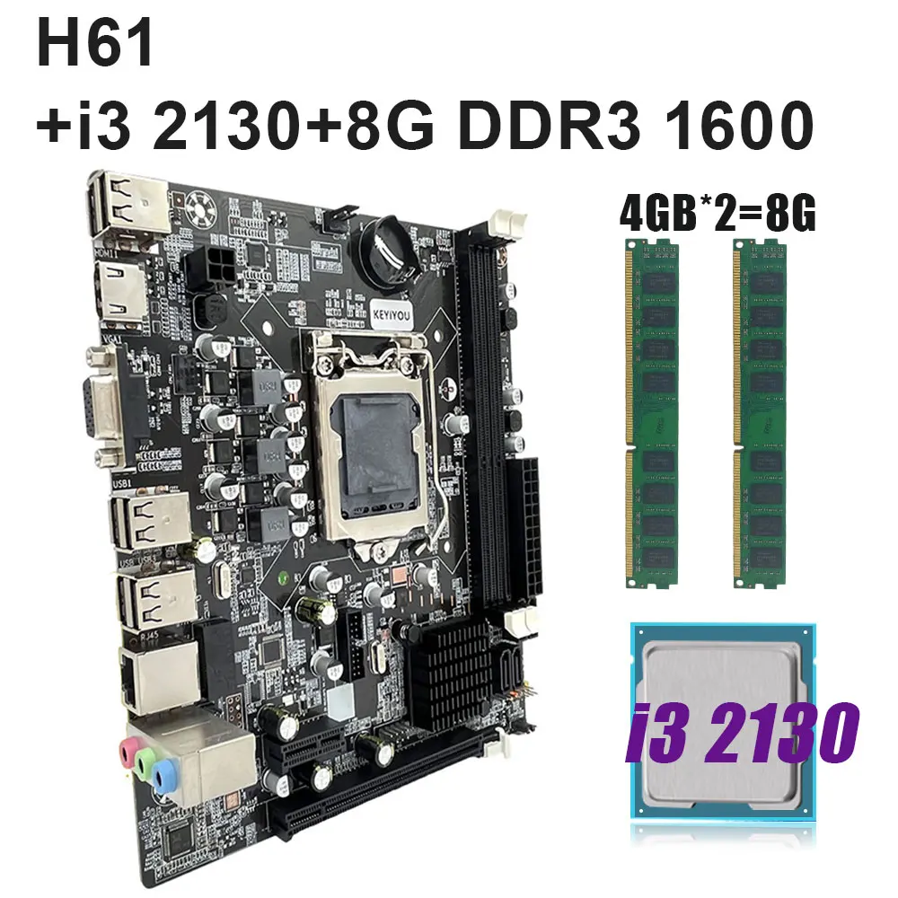 KEYIYOU-ITX Motherboard Set, LGA 1155 Combo, Processador Core i3 2133, 8GB de memória DDR3, H61