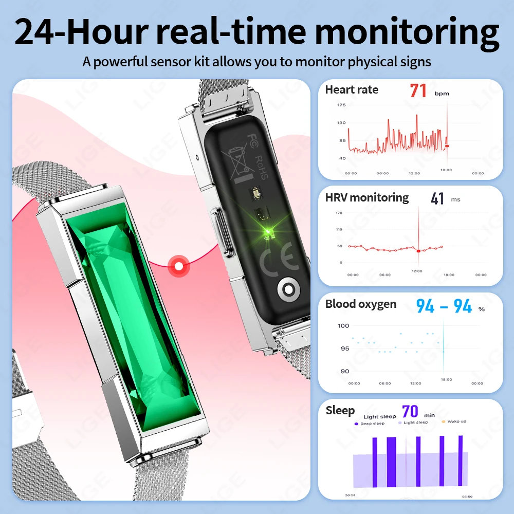 LIGE Couple Health Smart Bracelet Sport Band Fitness Tracker Heart Rate Sleep Monitor Camera Control Smart Watch for Android iOS