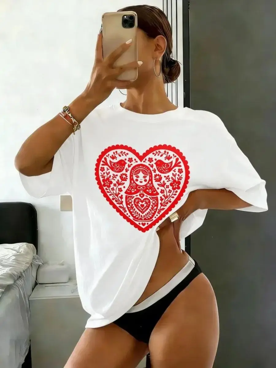 Matryoshka Folk Art Heart Print OversizedT-Shirt | Russian Nesting Doll Tee Russian Fashion Sweet Women Streetwear New
