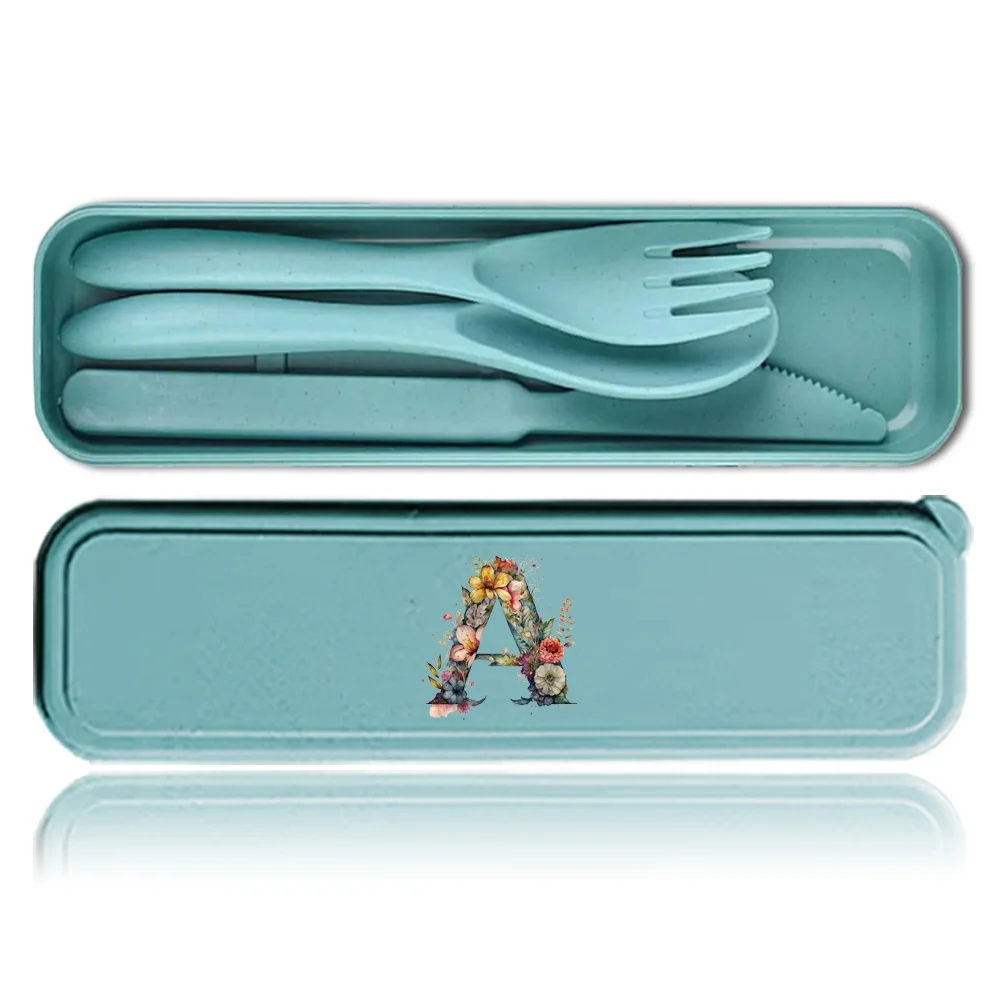 

3Pcs Practical Dinnerware Kit Spoon Fork Chopsticks Storage Case Tableware Organizer Box Floral Letter Pattern Lunch Accessoires