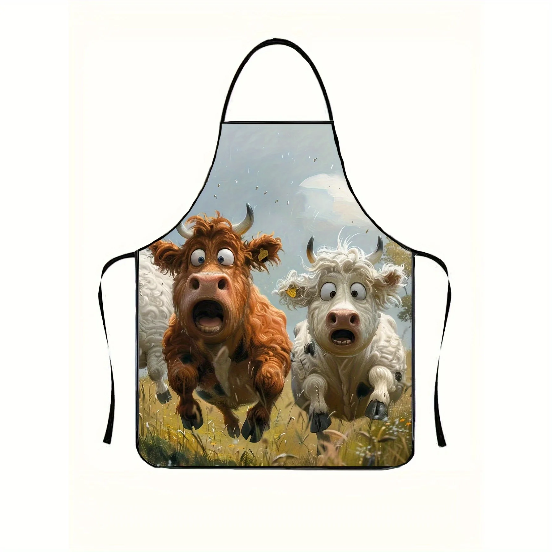 1pc Whimsical Running Cows Print Apron for Men & Women - Lightweight & Durable Polyester Kitchen Wear with Adjustable Ties, Cart