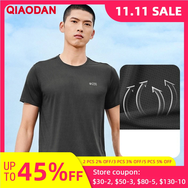 

QIAODAN, черная, весна-лето, мужская спортивная влагоотводящая дышащая футболка для бега с короткими рукавами, весна-лето 2025 XHS23241202