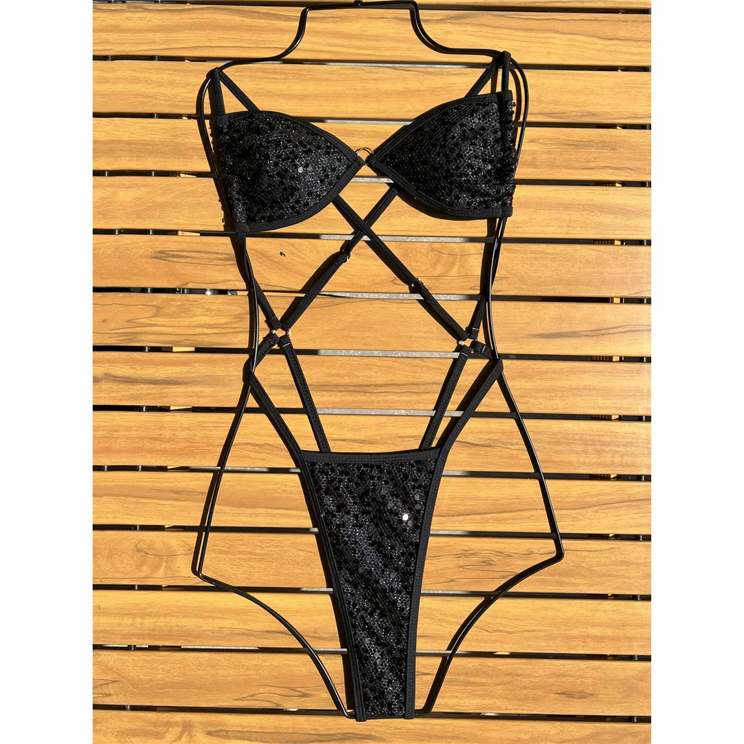 Glänzender Pailletten-Mini-Micro-Tanga-Einteiler-Badeanzug für Damen, Badebekleidung, Damen-Badeanzug mit gekreuztem Rücken und hohem Beinausschnitt, Badeanzug, Schwimmanzug V6653 – Detail 5