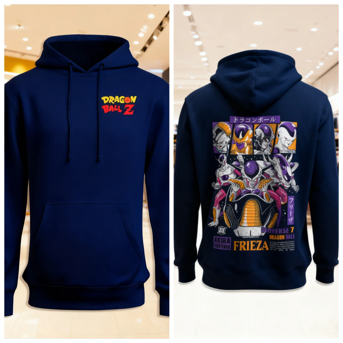 Dragon Ball Z Anime-Kapuzenpullover aus Baumwolle, blauer Farbcharakterdruck mit Muster für mehrere Bösewichtsgruppen und Logo-Design auf der Vorderseite der Brust