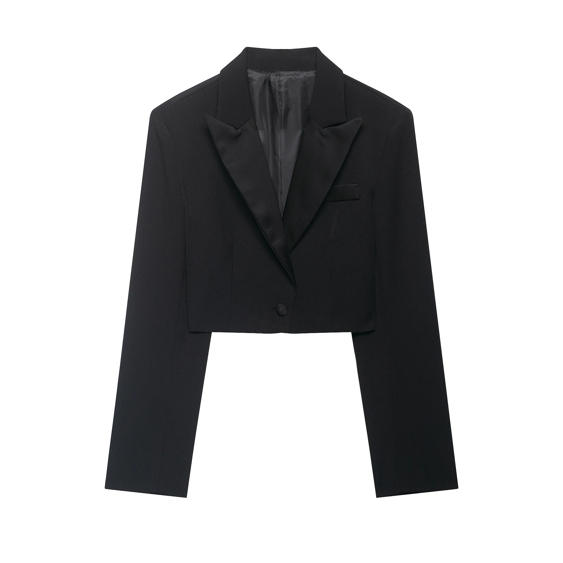

Women's Fashion Short Blazer Slit Skirt Set Black Satin Lapel Cropped Blazer Long Sleeve Single Button Suit Jacket Casual 05RO