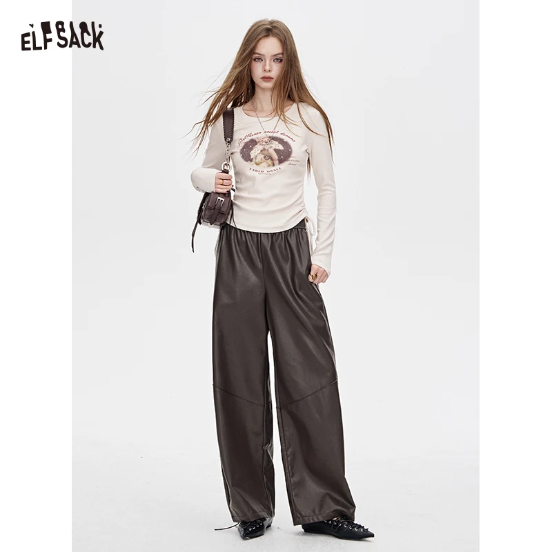 

ELFSACK 2025, осенние новые поступления, повседневные однотонные брюки из искусственной кожи свободного покроя, мятые текстурированные кожаные брюки для женщин