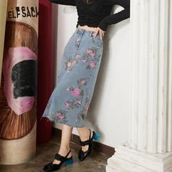 ELFSACK Printed Split High Waist A-line Denim Skirt Women 2023 Spring Mid-length Bottom