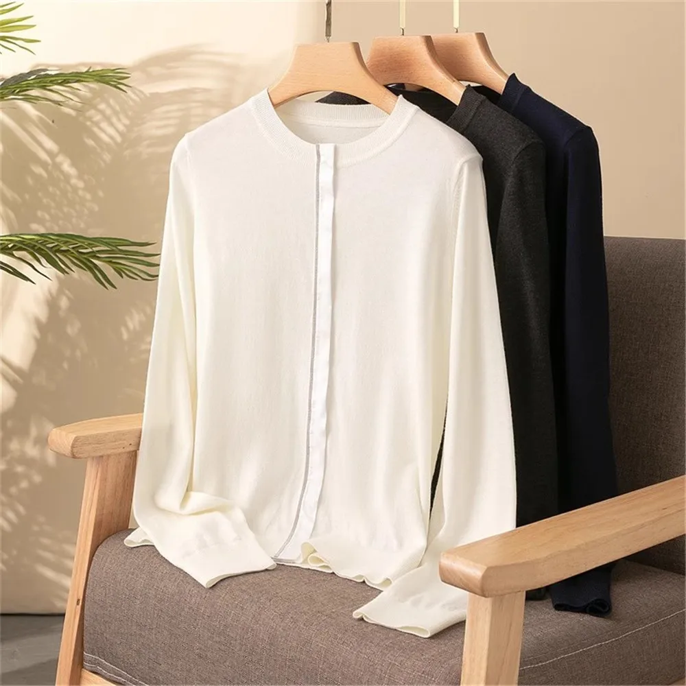 Cárdigan de punto de manga larga para mujer, mezcla de lana empalmada con cuello redondo, cadena de cuentas para uñas, novedad de Otoño de 25