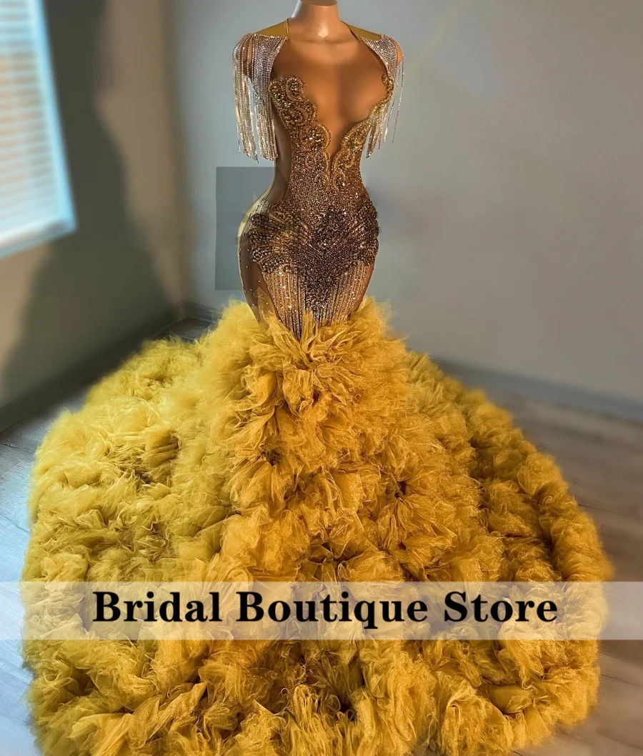 Sparkly Gold Mermaid Prom Dress 2024 Glitter Bead Crystal Rhinestones Ruffle Birthday Party Vestidos De Graduación Customized  image 2
