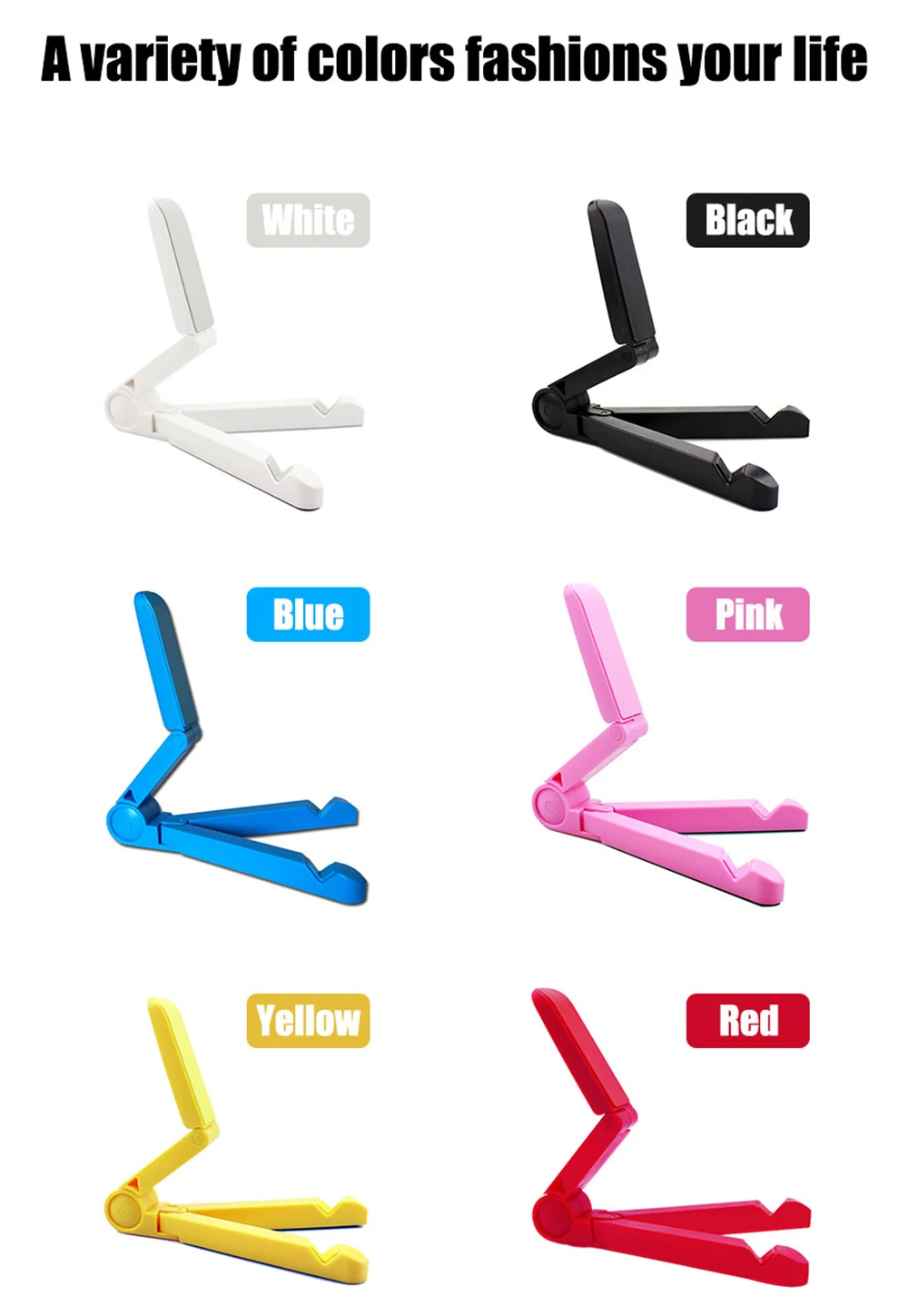 compact foldable phone stand available in white black blue pink yellow and red designed as an adjustable foldable tablet stand and desktop phone holder mount