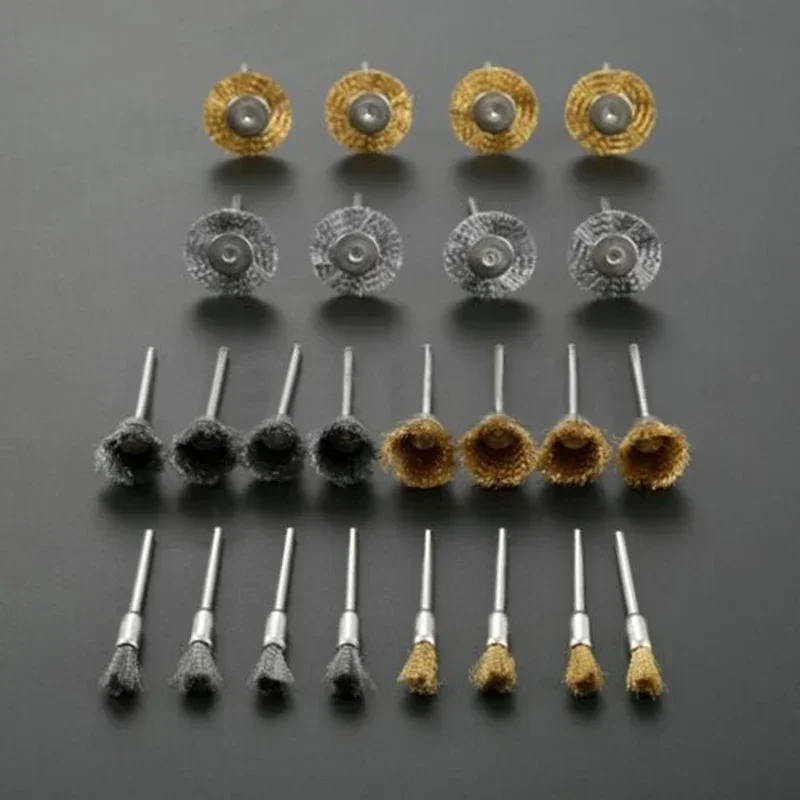 24Pcs 브래스 경감 님이 강철 와이어 브러쉬 세트 다이 그라인더 로타리 금속 녹 제거 브러시 전원 로타리 도구에 대한 연마 휠