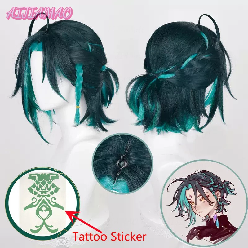 Xiao Cosplay Wig Game  Impact Xiao 35cm Short Green Mixed Braid Wig Heat Resistant Synthetic Cosplay Anime Wigs + Wig Cap