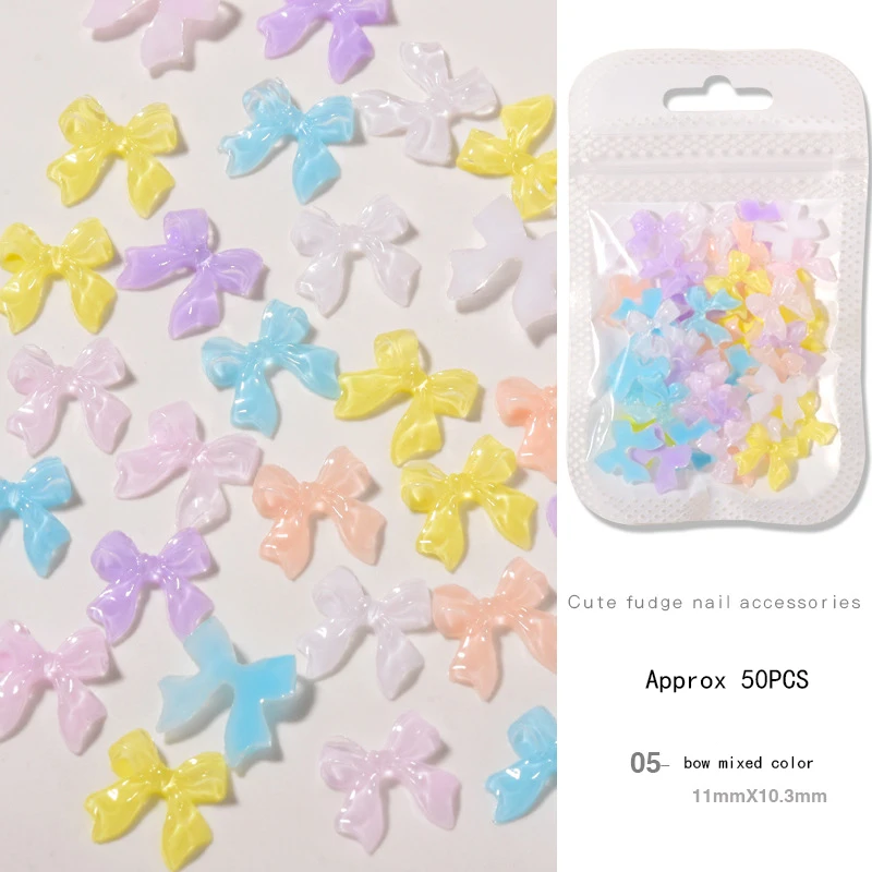50Pcs 나비 매듭 아이스 클리어 네일 라인 석 젤리 모카 베어 스 트리머 네일 장식 3D 여름 카와이 매력 네일 부품 리본