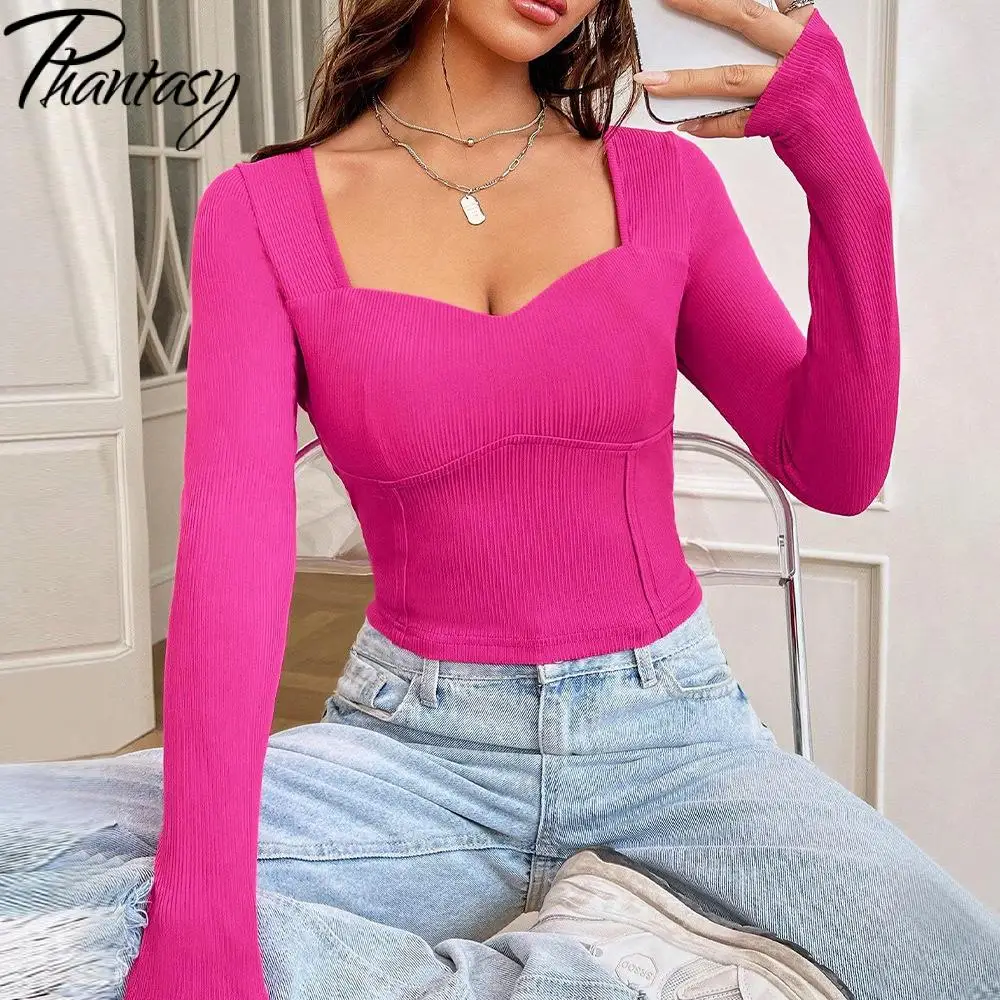 

Phantasy Vintage Tops Fashion Square Neck Solid Color Knitted Long Sleeve Basic T-shirt Sexy Tops Women's Clothing Vestido 2025