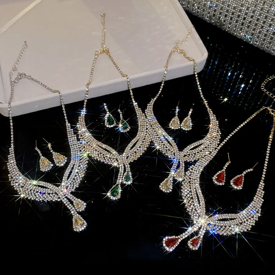 Shiny Rhinestone Long Tassel Necklace Earrings Jewelry Sets Water Drop Pendant Necklaces Earrings Wedding Bridal Accessories A