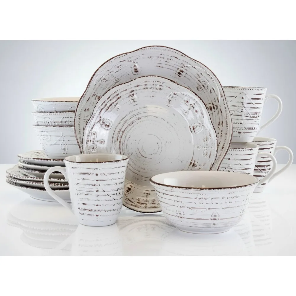 

Набор столовой посуды из керамогранита, 16 предметов, белый, коричневый, с тиснением, с зубцами, круглый, в деревенском стиле для семейной столовой