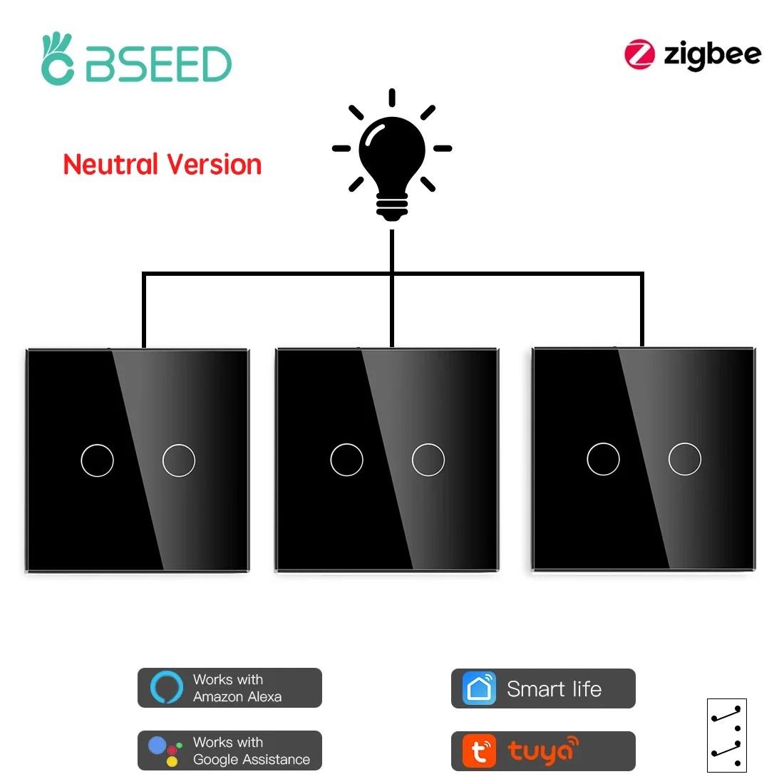 BSEED zigbee 2gang3way touch switch with neutral connection