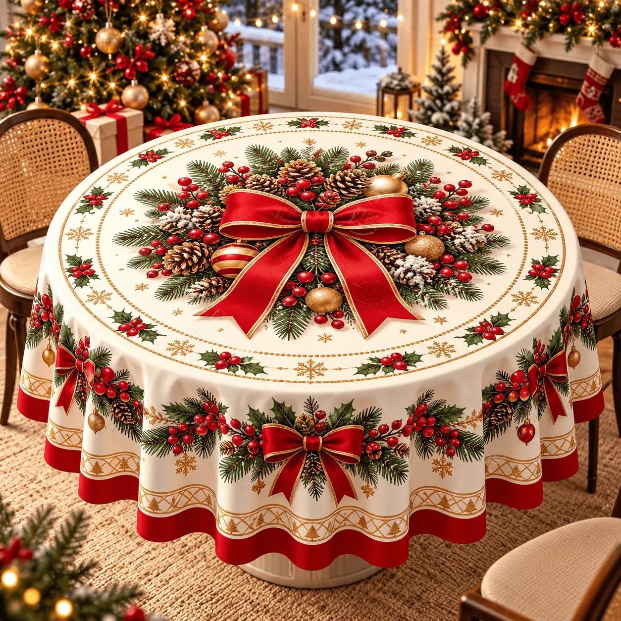 1 round tablecloth, Christmas red bow pine cone print tablecloth, classic red and green color scheme with gold lace