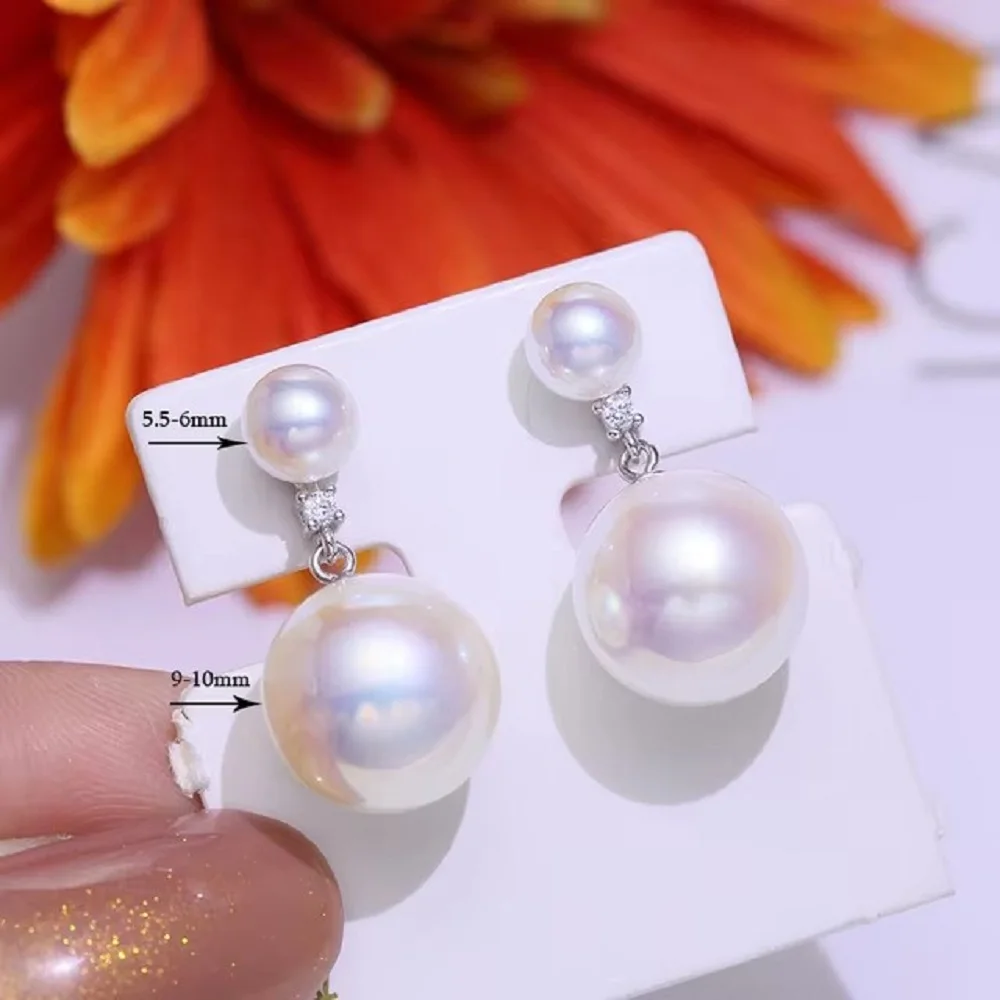 New Pearl Earrings AAAA 5.5-6+9-10mm Natural Round South Sea Pearl Earrings 925s