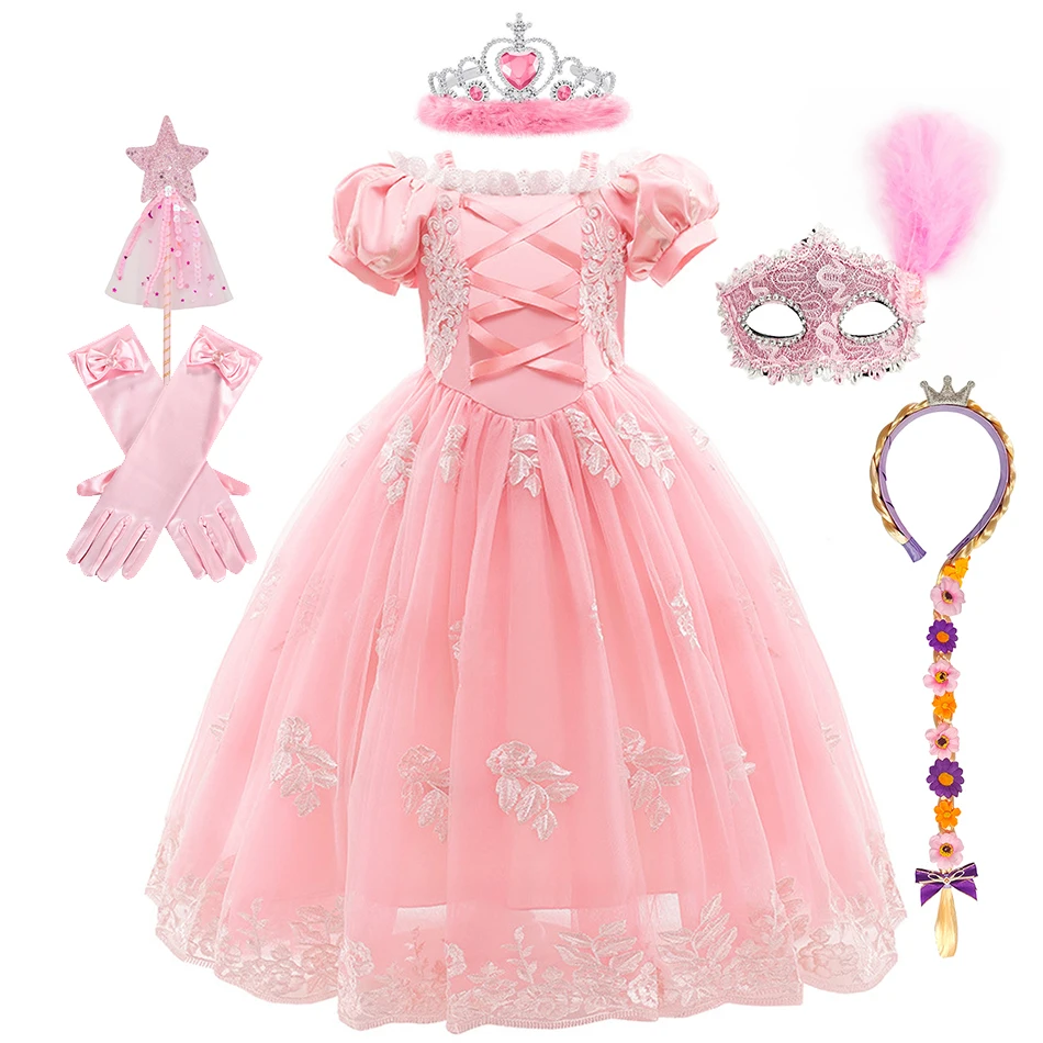 Girls Rapunzel Pink Princess Dress Kids Cosplay Costume Children Birthday Carnival Halloween Party Floral Print Disguise Gown image 3