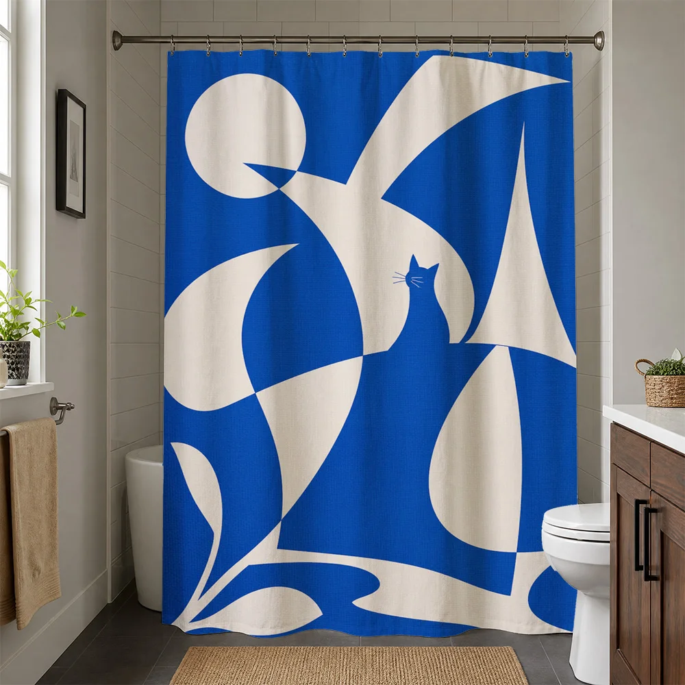Modern Abstract Blue and White Swan Bird Pattern Shower Curtain Bathroom Decor Waterproof Shower Curtain Liner