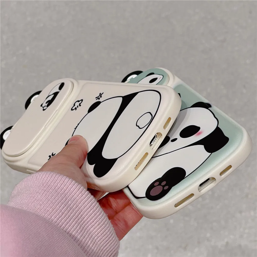 3D Korea Funny Panda Retro Antenna Camera Protective Phone Case For iPhone 15 14 14Pro 12 12Pro 13 11Pro Max Makeup Mirror Cover