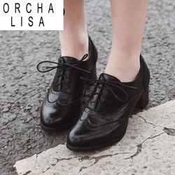 ORCHA LISA New 2021 Women Pumps Round Toe 5.5cm Wood Heels Platform Brogue Student Carved Retro Lace-Up Classic Spring D586