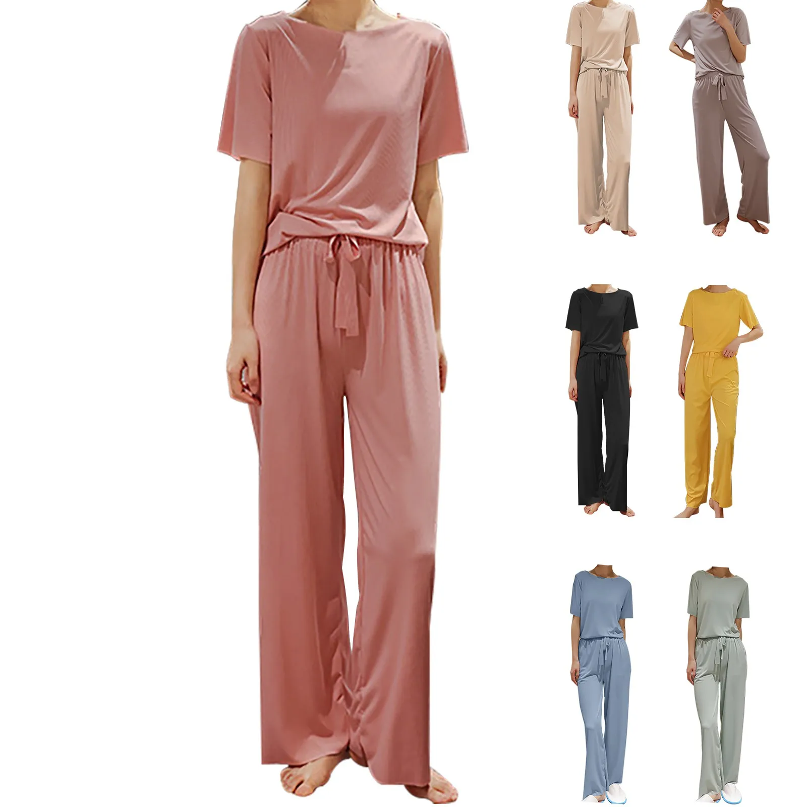 Pajamas 2 Short Sleeve Top And Long Pants Sets Sleepwear Womens Sweat Set Soft Pajamas Womens Pajama Shirt Lite Weight Pajamas