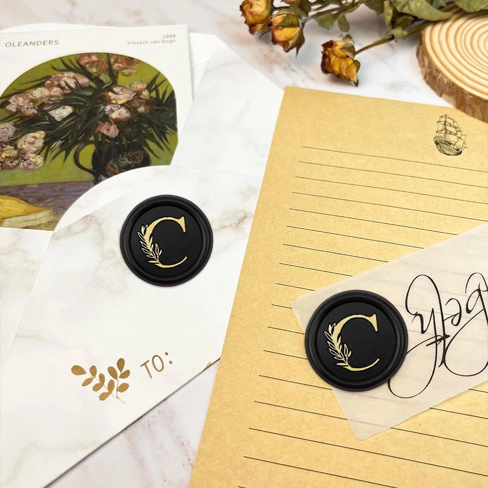 25pcs Black Wax Seal Stamp Stickers - Initial C Handmade Invitation Envelope Letter C Adhesive Seal Stickers for Invitation