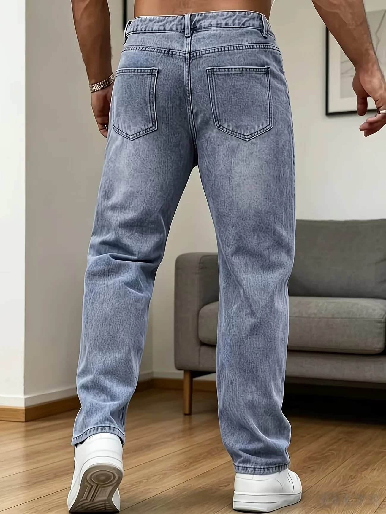 Men'S New Elastic Ankle Pants, Light Blue Distressed Casual Washed Straight Jeans, Men'S Loose All-Match Wide-Leg Casual Trousers