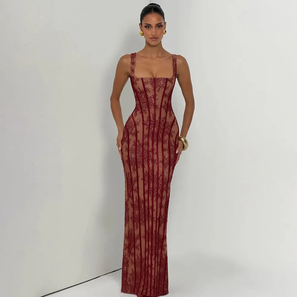 Elegant Low Cut Lace Trim Belted Sexy Wrap Bodycon Dress Women's High Waist Vertical Strips Crossbody Sling Dress for Shopping