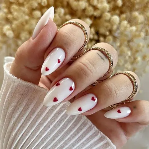 24PCS- white almond fake nails, red love pattern decoration, exquisite elegance, fashion generous, suitable for dating, dinner,