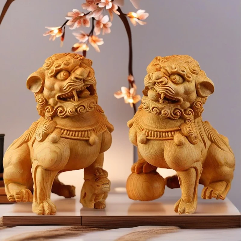 Wood Carving Chinese Forbidden City Lion Statuette , Chinese Characteristics God Beast Animal  Home Room Office Feng Shui Statue