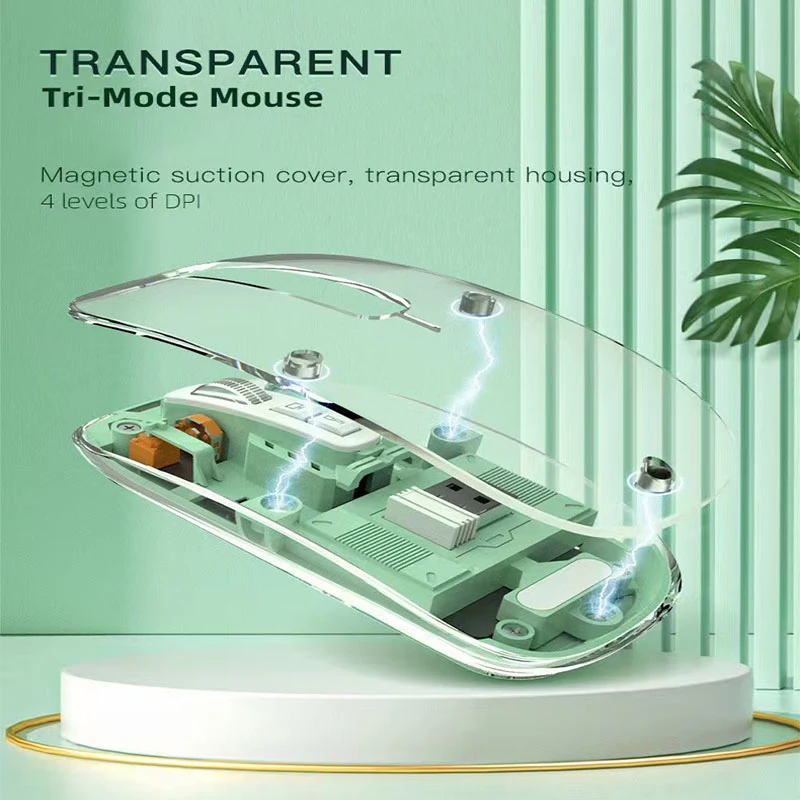 

Новая прозрачная магнитная беспроводная мышь с тремя режимами работы, совместимая с Bluetooth и 2.4G, с функцией One-Click Desktop, перезаряжаемая через Type-C, бесшумная.