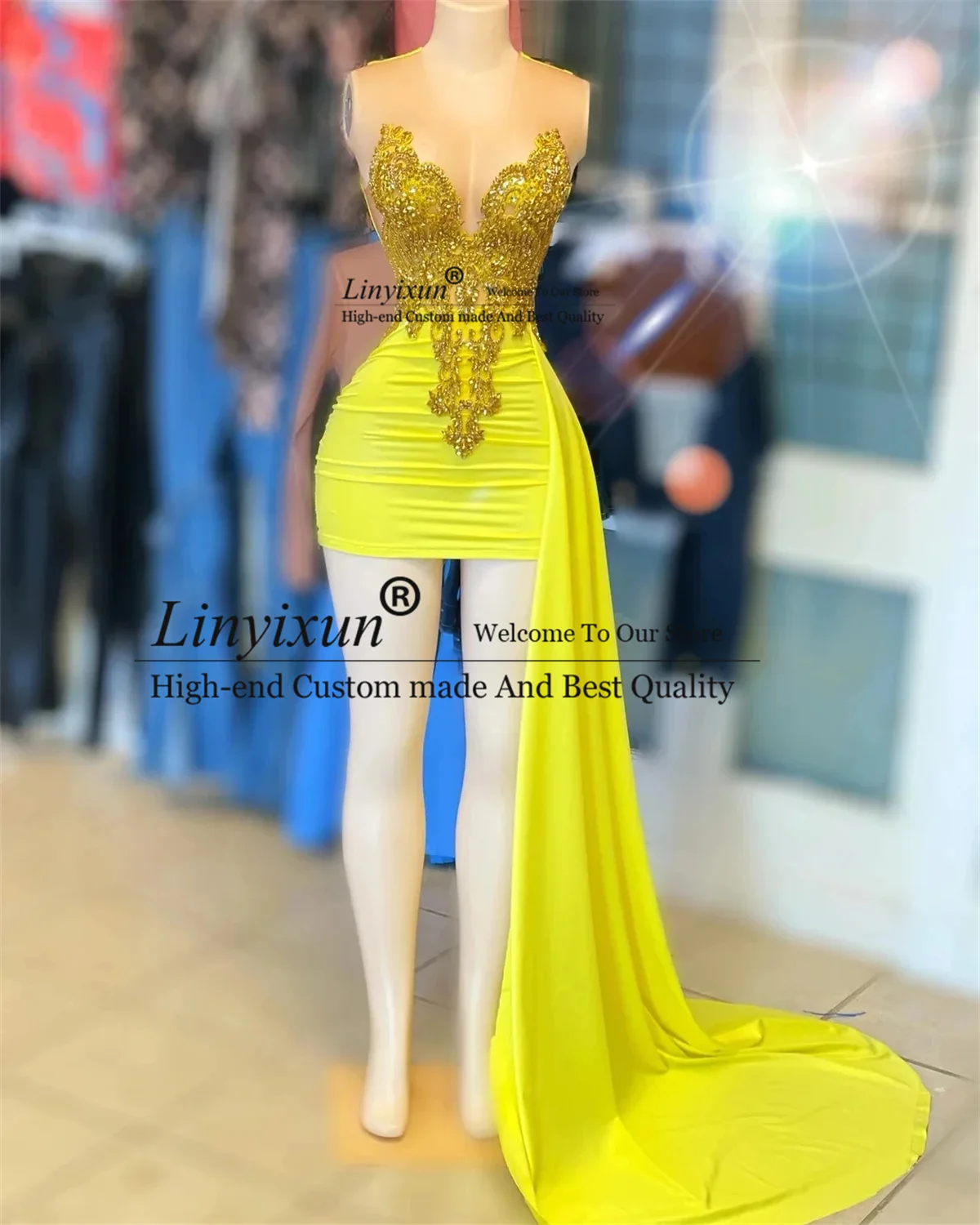 Yellow Sheer Diamond Prom Dresses Black Girls Sexy Homecoming Party Gala Dresses African Mini Short Birthday Cocktail Gowns