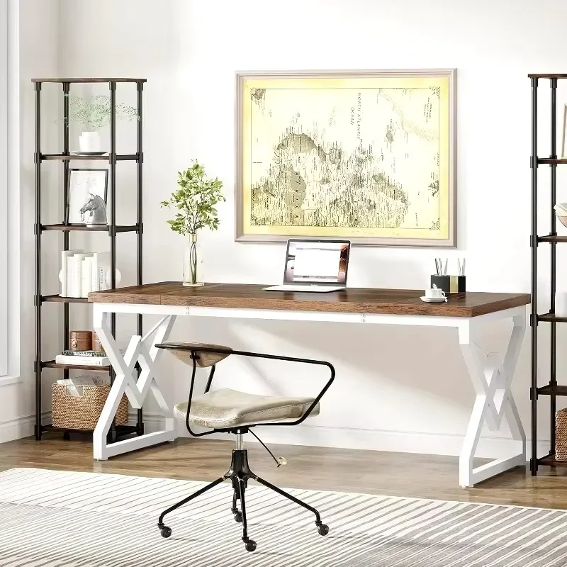 63 Inch Executive Desk, Large Office Computer Desk with Extra Thick Wooden Tabletop and Metal Frame, Brown+White